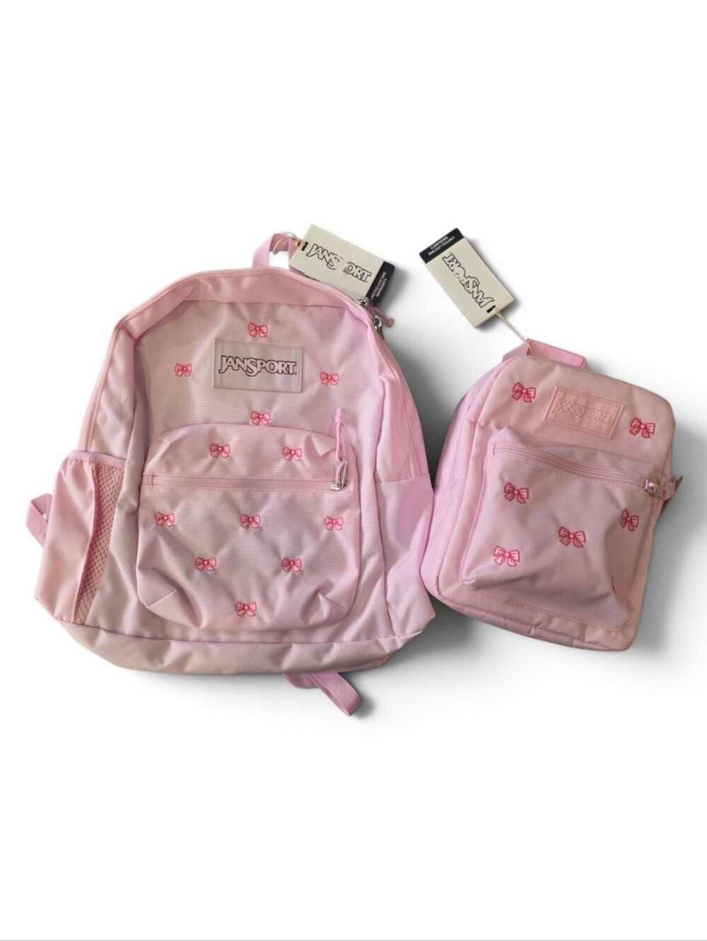 2pc Jansport Bow Embroidered Backpack & Matching Lunch Bag Light Pink